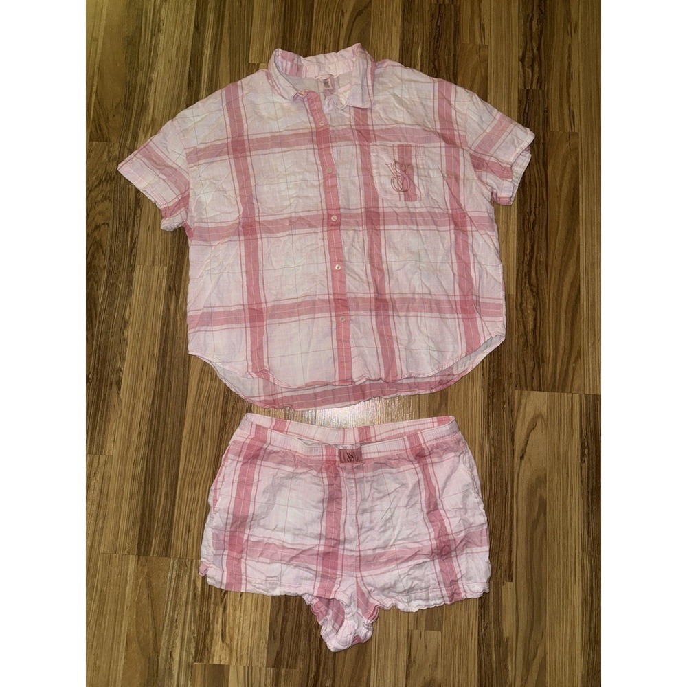 Victoria's Secret Pink Sz‎ XL Plaid Short Sleeve Pajama Set Cotton Pajamas